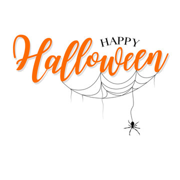Happy Halloween lettering design. Holiday calligraphy with spider and web, isolated on white background. For poster, banner, greeting card, invitation.