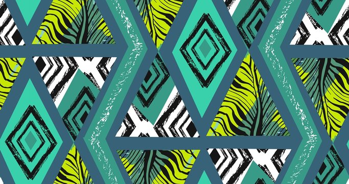 Hand drawn vector abstract freehand textured seamless tropical pattern collage with zebra motif,organic textures,triangles isolated on green background.