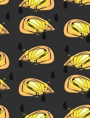 Hand drawn vector abstract unusual summer time seamless pattern with lemon slice and juice drops isolated on black background.