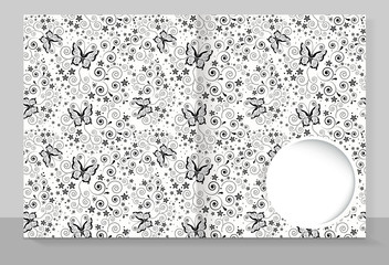 Template cover of a copybook with an individual design: butterflies pattern. 