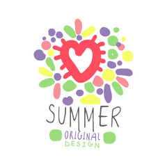 Summer colorful logo template original design, hand drawn vector Illustration with heart