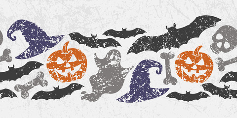 Vector seamless Halloween border with scary symbols - pumpkin Jack lanterns, ghosts, bats, bones, skulls and withes magic hats. Grunge style, shabby street art imitation. Vintage old paper texture. - 169809943