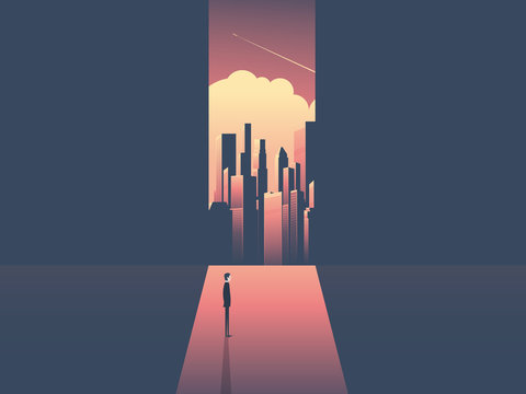Businessman looking through window at urban skyline. Business ambition, opportunity and corporate world concept vector illustration with cityscape in sunset.