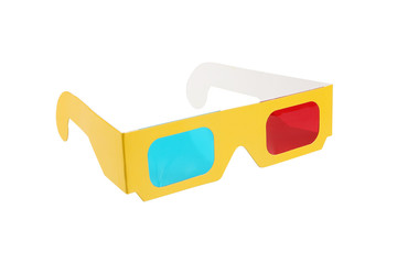 Red-blue paper glasses for view 3-dimensional films and images. Isolated on white background.