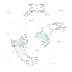 Hand drawn vector illustration of two cute little cats in swim fins and scuba masks, diving in the sea, heart and text Sea on a ribbon.