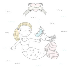 Hand drawn vector illustration of a cute little mermaid girl and a cat in swim fins and scuba mask, under water, heart and text Mermaid.
