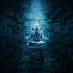 Meditating astronaut concept / 3D illustration of astronaut in lotus pose under beam of light