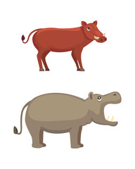 hippo and warthog vector cartoon illustration