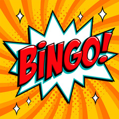 Bingo lottery poster. Lottery game background. Comics pop-art style bang shape on a red twisted background.
