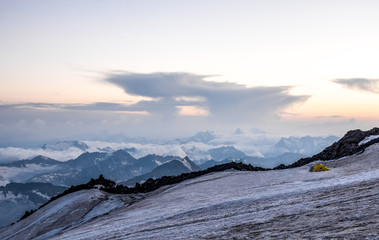 Snow covered Elbrus mountains at winter sunny day