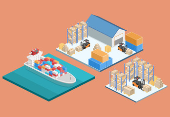 isometric interior of warehouse. The boxes are on the shelves.