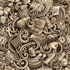 Cartoon doodles travel planning seamless pattern