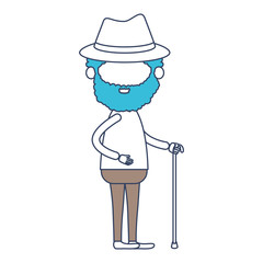 faceless caricature full body bearded elderly man with walking stick in clothes with hat in color section silhouette