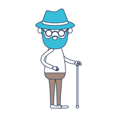 faceless caricature full body bearded elderly man with walking stick in clothes with hat and glasses in color section silhouette