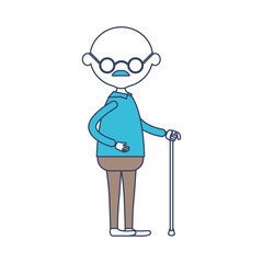 faceless caricature full body bald elderly man with walking stick in clothes with moustache and glasses in color section silhouette