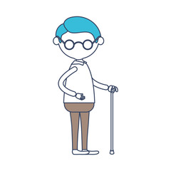 faceless caricature full body elderly man with walking stick in clothes with glasses in color section silhouette