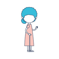 faceless caricature full body elderly woman with dress in walking stick with curly bun side hairstyle in color section silhouette