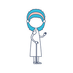 faceless caricature full body elderly woman with dress in walking stick with bow lace and curly hairstyle in color section silhouette