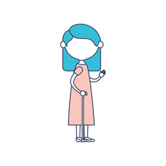 faceless caricature full body elderly woman with dress in walking stick with straight long hairstyle in color section silhouette