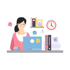 Elegant businesswoman character working with laptop at her office workplace, daily life of office employee vector Illustration on a white background