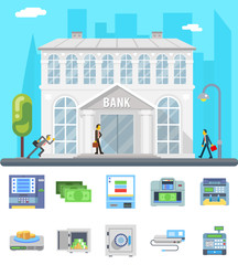 Bank building administrative commercial house business finance money check count icons set flat design vector illustration