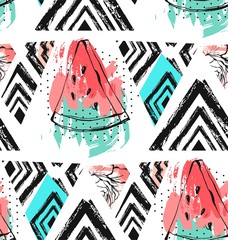 Hand drawn vector abstract unusual summer time decoration collage seamless pattern with watermelon,aztec and tropical palm leaves motif isolated.