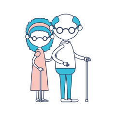 caricature faceless full body elderly couple with glasses in walking stick and grandmother with curly hairstyle in dress and grandfather in color section silhouette