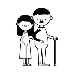 caricature full body elderly couple in walking stick grandmother with straight long hairstyle in dress and grandfather with moustache in black silhouette sections
