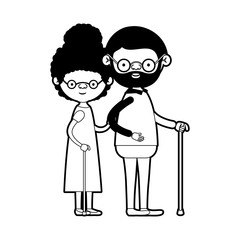 caricature full body elderly couple in walking stick and glasses grandmother with curly bun hairstyle in dress and grandfather with beard in black silhouette sections