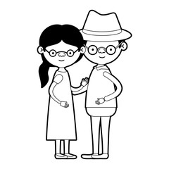 caricature full body elderly couple and glasses grandmother with side ponytail hairstyle in dress and grandfather with hat in black silhouette sections