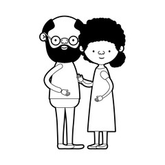 caricature full body elderly couple with glasses bearded grandfather with few hair and grandmother with curly side bun hairstyle in dress in black silhouette sections