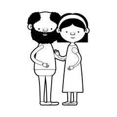 caricature full body elderly couple with glasses bearded bald grandfather with grandmother with bow lace straight short hairstyle in dress in black silhouette sections