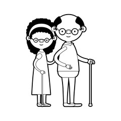 caricature full body elderly couple in walking stick with glasses grandmother with curly long hairstyle in dress and grandfather in black silhouette sections