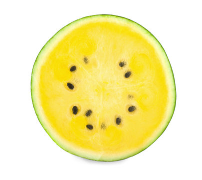 Yellow watermelon with half isolated on white background.