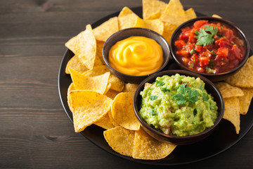 mexican nachos with guacamole, salsa and cheese dip
