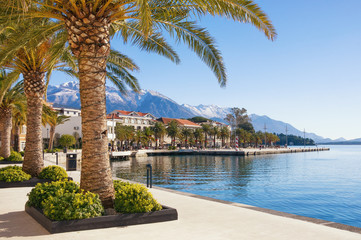 Embankment of Tivat town with Lovcen mountain in the background. Bay of Kotor(Adriatic Sea), Montenegro, winter