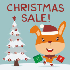 Christmas sale! Funny bunny rabbit skating with packages shopping discounts. Christmas sale banner with bunny rabbit in hat in cartoon style.