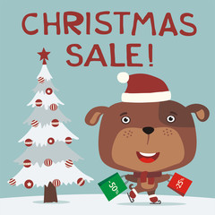 Christmas sale! Funny puppy dog skating with packages shopping discounts. Christmas sale banner with puppy dog in hat in cartoon style.