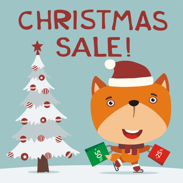 Christmas sale! Funny fox skating with packages shopping discounts. Christmas sale banner with fox in hat in cartoon style.