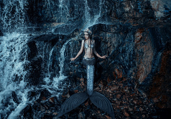 The real mermaid is resting on the ocean shore. Silver tail, the body is covered with scales....