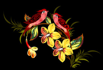 A pair of birds sitting on a flowering branch of a tree
