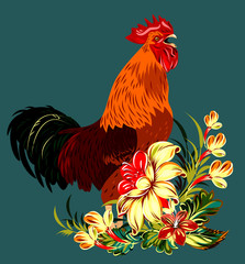 cock in a thicket of flowers