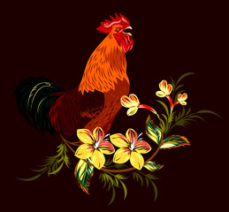 cock in a thicket of flowers
