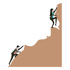 business woman and man trying to climb to the top of rock in white background
