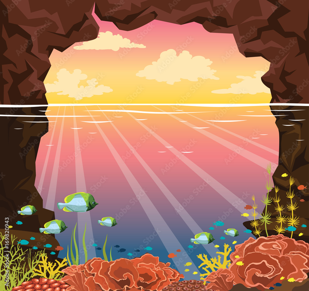 Wall mural coral reef, fish, underwater cave, sea, sunset sky.