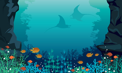 Underwater sea - fish, stingray, coral reef.