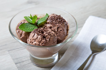 Homemade chocolate ice cream with chocolate crumbs. 3 balls. Close-up. Selective focus.