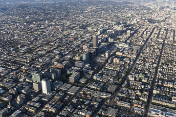Aerial view of Wilshire Blvd and Koreatown in Los Angeles, California.