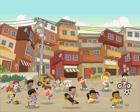 Street Of Poor Neighborhood With Cartoon Children Playing. Sports And Toys. Slum. Favela.
