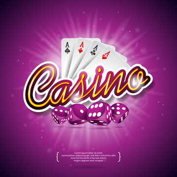 Vector illustration on a casino theme with color playing chips, poker cards, red dices and shiny caption on dark violet background. Gambling design elements.